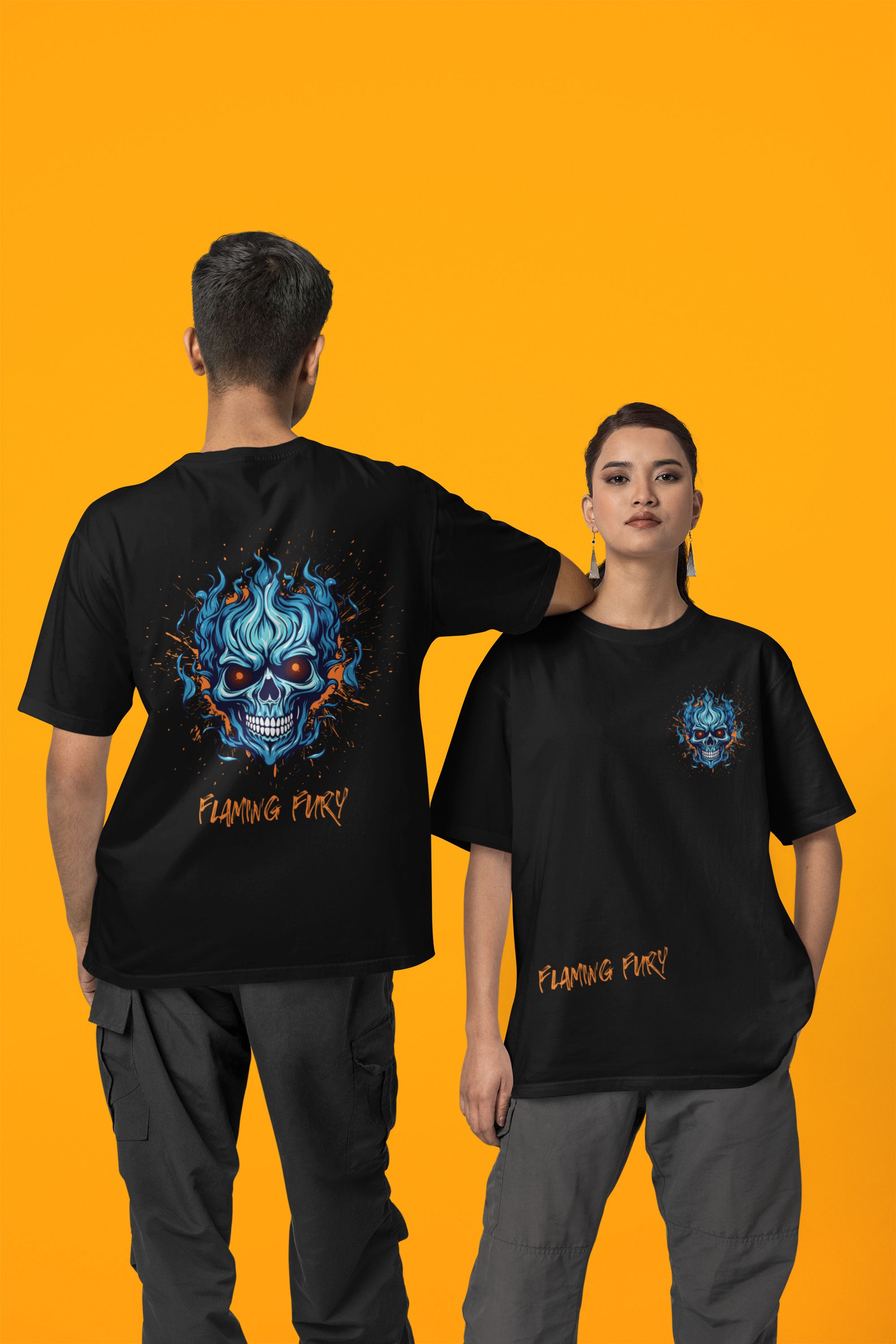 Flaming Fury Blue Skull Unisex T-Shirt (Oversized)
